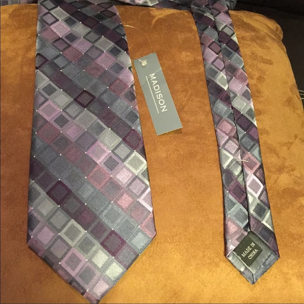 Madison Gray & Pink Striped Box Print Tie